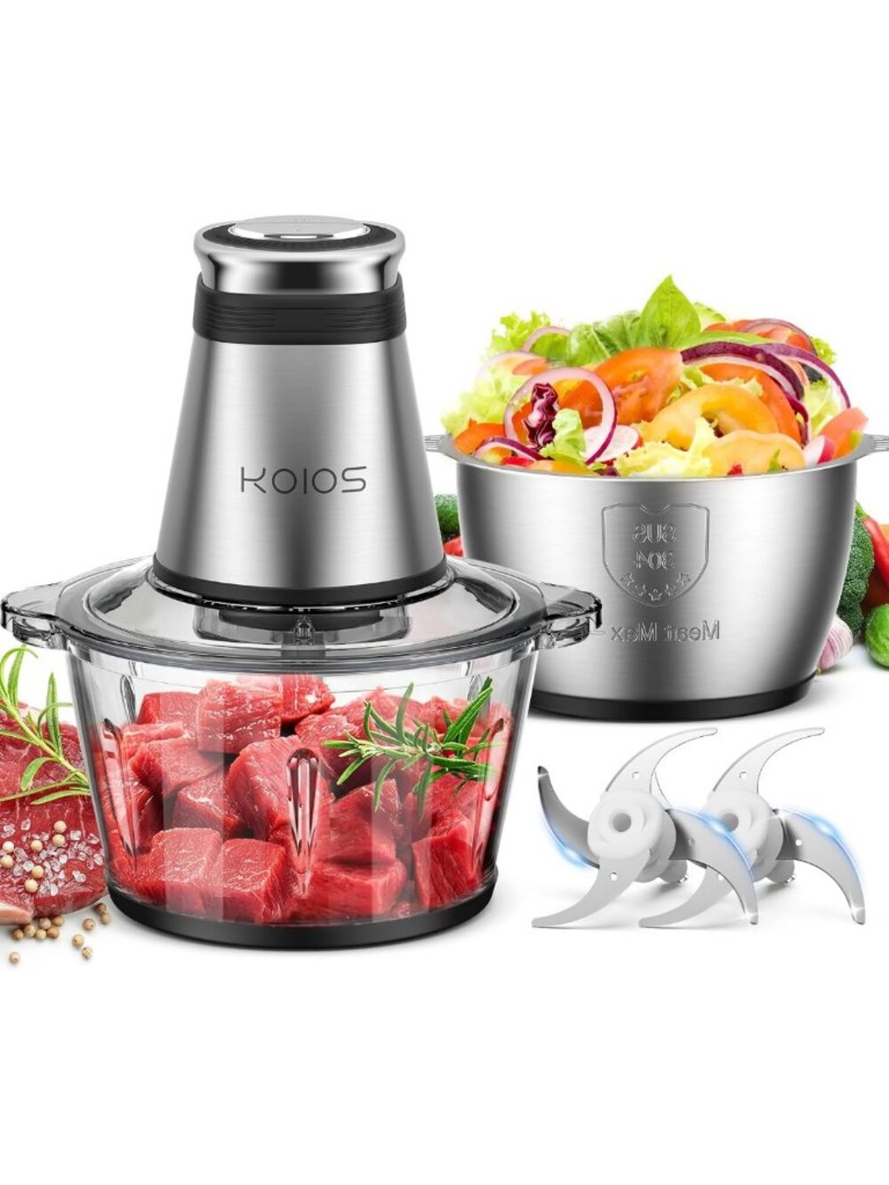 500W Electric Food Processor & Chopper with 2 Bowls & Bi-Level Blades